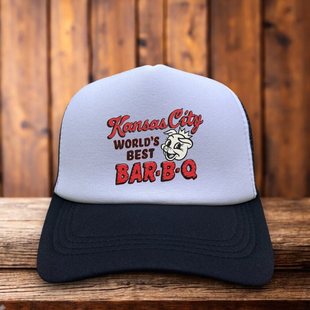 Kansas City BBQ Mens Trucker Hat Black Snapback Slow Cooked Meat Ball Cap